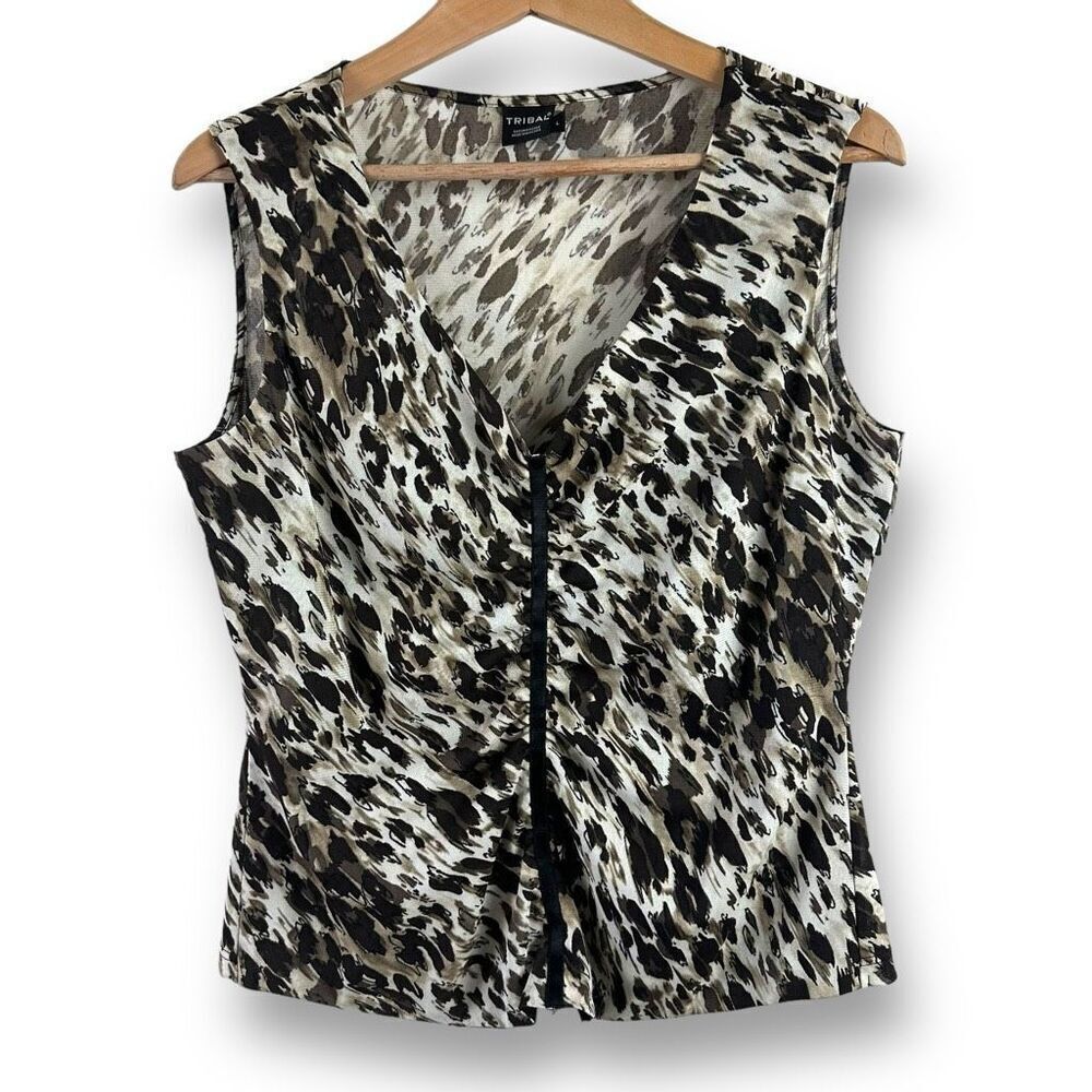 Tribal Women's‎ L Sleeveless Animal Print Tank Top V-Neck Stretch Neutral Causal